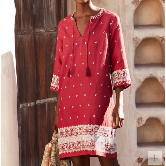 Garnet Hill Embroidered 100% Linen Popover Dress Size 6 Worn Once 3/4 Sleeve - Picture 1 of 13